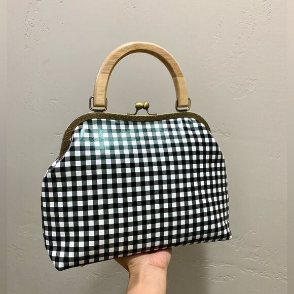 Handmade Genuine Leather Black & White Check Printed Wood Handle Satchel Bag - Picture 5 of 15